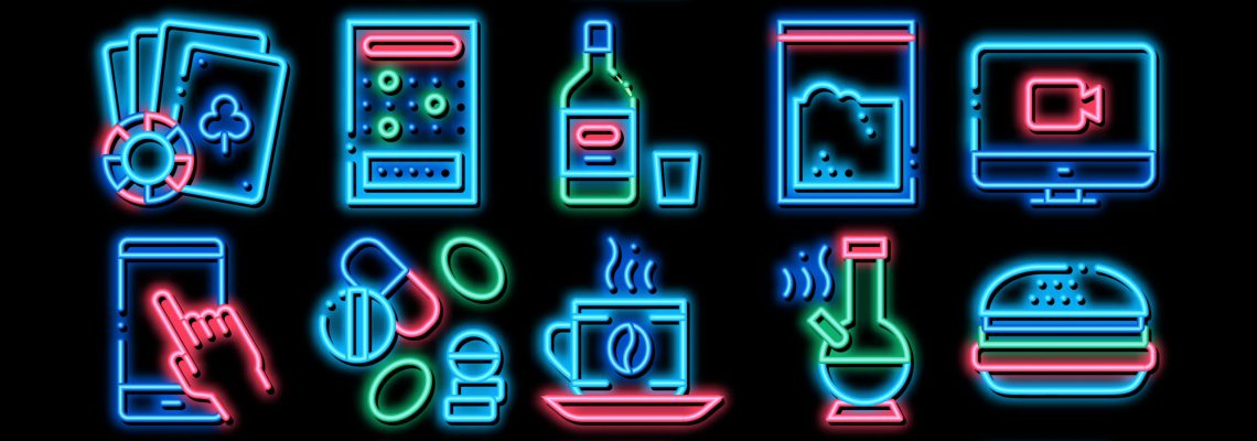 Addiction Bad Habits neon light sign vector. Glowing bright icon Alcohol And Drug, Shopping And Gambling, Hemp, Smoking And Junk Food Addiction Illustrations