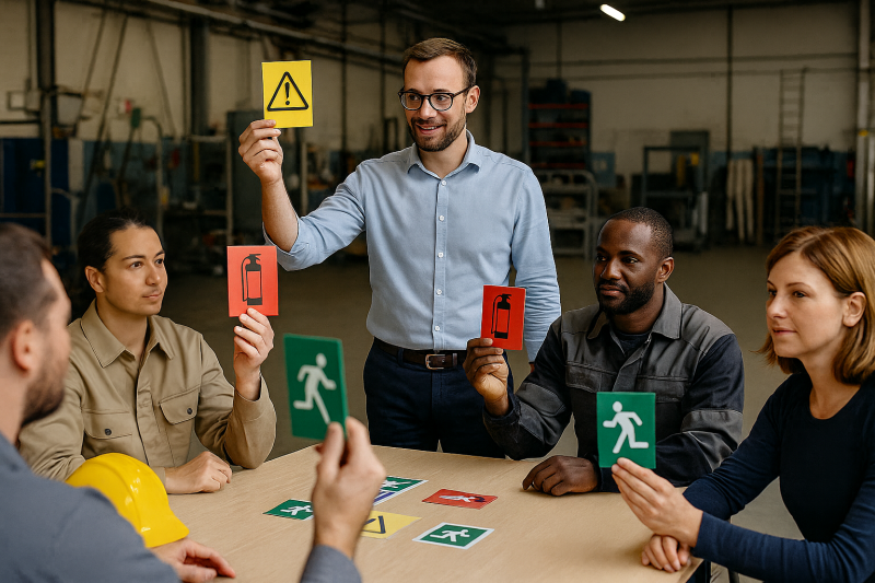 Séance de prévention ludique en milieu industriel Atelier ludique de prévention en entreprise avec formateur et salariés autour d’un jeu pédagogique sur les risques professionnels